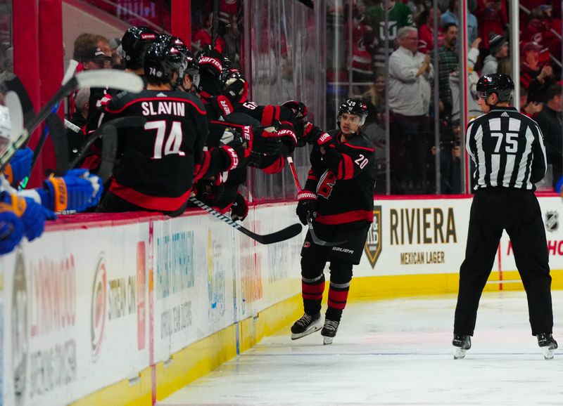 Dec 2, 2023; Raleigh, North Carolina, USA; Carolina Hurricanes center Sebastian Aho (20) celebrates his goal against the Buffalo Sabres during the second period at PNC Arena. Mandatory Credit: James Guillory-USA TODAY Sports