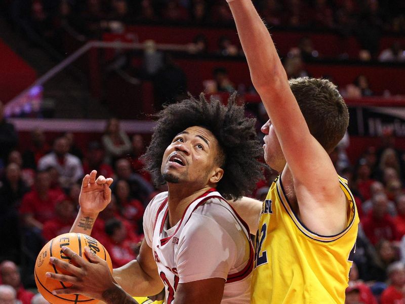 Feb 1, 2025; Piscataway, New Jersey, USA; Rutgers Scarlet Knights center Lathan Sommerville (24) looks to the basket during the second half against Michigan Wolverines forward Will Tschetter (42) at Jersey Mike's Arena. Mandatory Credit: Vincent Carchietta-Imagn Images