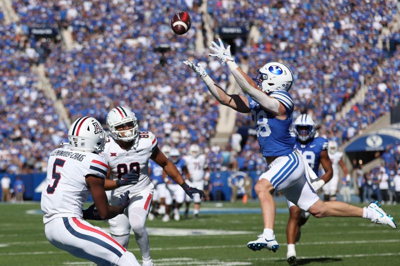 Oct 12, 2024; Provo, Utah, USA; Brigham Young Cougars safety Tanner Wall (28) intercepts a pass intended for Arizona Wildcats wide receiver Montana Lemonious-Craig (5) during the second quarter at LaVell Edwards Stadium. Mandatory Credit: Rob Gray-Imagn Images