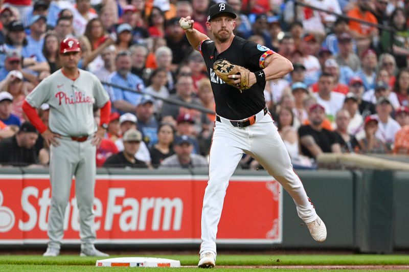 Jun 14, 2024; Baltimore, Maryland, USA;  Baltimore Orioles third baseman Jordan Westburg (11) throws to first base during the second inning against the Philadelphia Phillies at Oriole Park at Camden Yards. Mandatory Credit: Tommy Gilligan-USA TODAY Sports