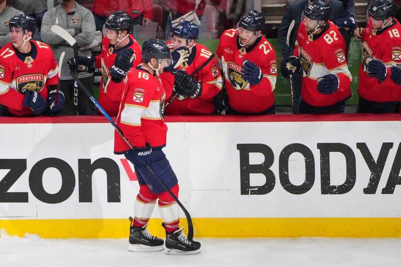 Apr 29, 2024; Sunrise, Florida, USA; Florida Panthers center Aleksander Barkov (16) celebrates a goal during the third period in game five of the first round of the 2024 Stanley Cup Playoffs against the Tampa Bay Lightning at Amerant Bank Arena. Mandatory Credit: Jim Rassol-USA TODAY Sports