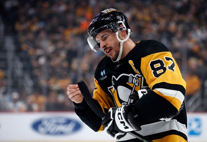 Apr 15, 2024; Pittsburgh, Pennsylvania, USA;  Pittsburgh Penguins center Sidney Crosby (87) prepares his stick before a face-off against the Nashville Predators during the first period at PPG Paints Arena. The Penguins won 4-2. Mandatory Credit: Charles LeClaire-USA TODAY Sports