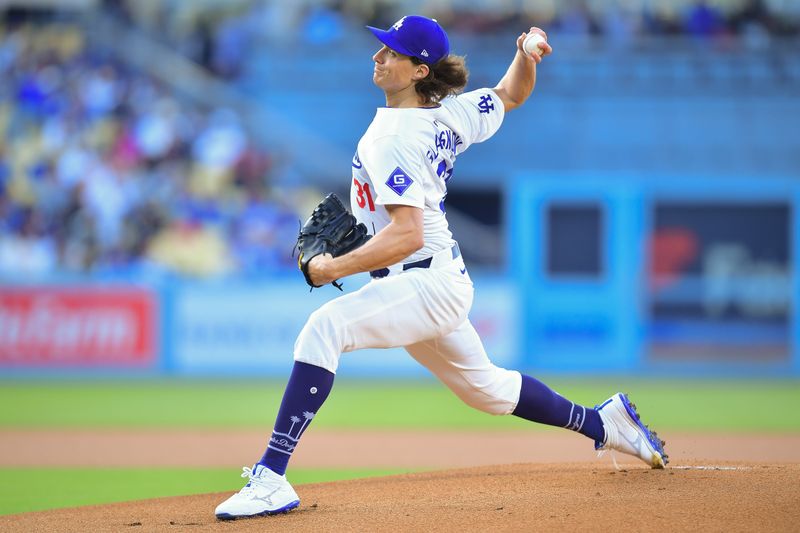 May 4, 2024; Los Angeles, California, USA; Los Angeles Dodgers pitcher Tyler Glasnow (31) throws against the Atlanta Braves during the first inning at Dodger Stadium. Mandatory Credit: Gary A. Vasquez-USA TODAY Sports