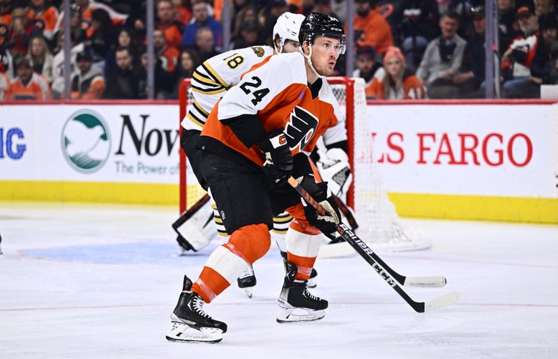 Jan 27, 2024; Philadelphia, Pennsylvania, USA; Philadelphia Flyers defenseman Nick Seeler (24) in action against the Boston Bruins in the first period at Wells Fargo Center. Mandatory Credit: Kyle Ross-USA TODAY Sports