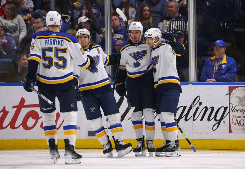 Feb 10, 2024; Buffalo, New York, USA;  St. Louis Blues center Jordan Kyrou (25) celebrates his goal with teammates during the second period against the Buffalo Sabres at KeyBank Center. Mandatory Credit: Timothy T. Ludwig-USA TODAY Sports