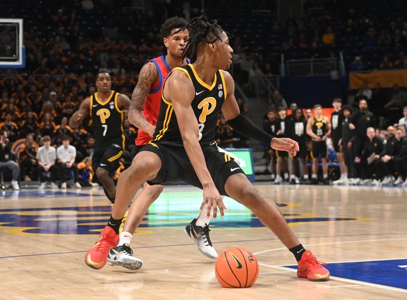 Feb 7, 2026; Pittsburgh, Pennsylvania, USA;  Pittsburgh Panthers guard Omari Withersoon (8) moves the ball against SMU Mustangs guard Jaron Pierre Jr. (5) during the first half  at Petersen Events Center. Mandatory Credit: Philip G. Pavely-Imagn Images