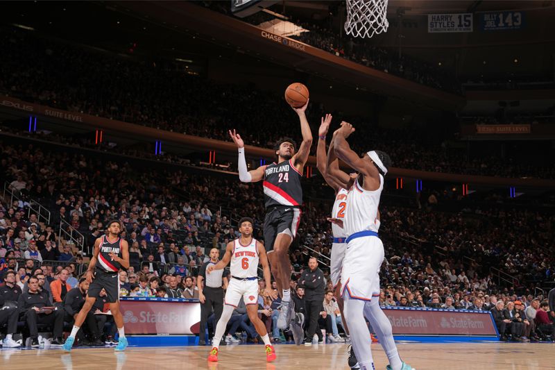 NEW YORK, NY - JANUARY 9: Justin Minaya #24 of the Portland Trail Blazers drives to the basket during the game against the New York Knicks on January 9, 2024 at Madison Square Garden in New York City, New York.  NOTE TO USER: User expressly acknowledges and agrees that, by downloading and or using this photograph, User is consenting to the terms and conditions of the Getty Images License Agreement. Mandatory Copyright Notice: Copyright 2024 NBAE  (Photo by Jesse D. Garrabrant/NBAE via Getty Images)