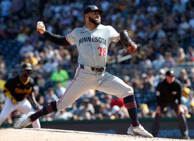 Jun 8, 2024; Pittsburgh, Pennsylvania, USA;  Minnesota Twins starting pitcher Simeon Woods Richardson (78) delivers a pitch against the Pittsburgh Pirates during the first inning at PNC Park. Mandatory Credit: Charles LeClaire-USA TODAY Sports