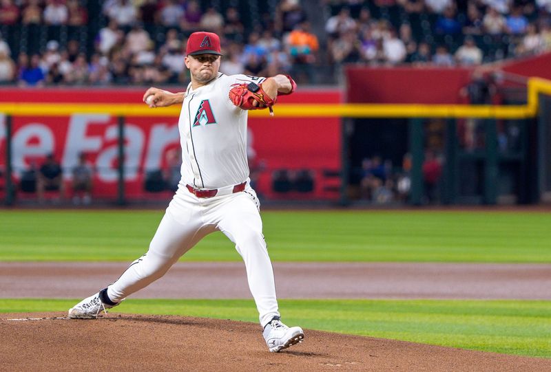 Jun 28, 2024; Phoenix, Arizona, USA; Arizona Diamondbacks pitcher Slade Cecconi (43) throws in the first inning against the Oakland Athletics at Chase Field. Mandatory Credit: Allan Henry-USA TODAY Sports