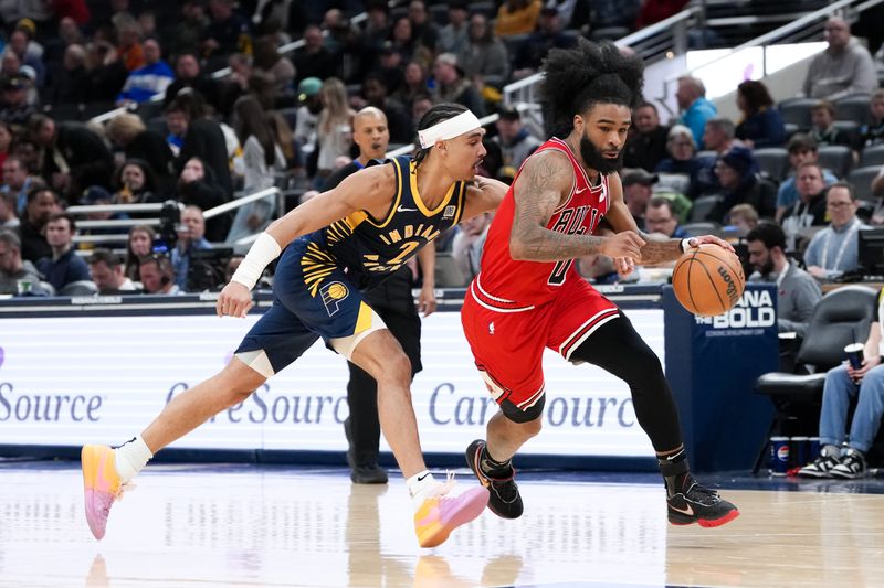 INDIANAPOLIS, INDIANA - MARCH 02: Coby White #0 of the Chicago Bulls dribbles the ball while being guarded by Andrew Nembhard #2 of the Indiana Pacers in the third quarter at Gainbridge Fieldhouse on March 02, 2025 in Indianapolis, Indiana. NOTE TO USER: User expressly acknowledges and agrees that, by downloading and or using this photograph, User is consenting to the terms and conditions of the Getty Images License Agreement. (Photo by Dylan Buell/Getty Images)