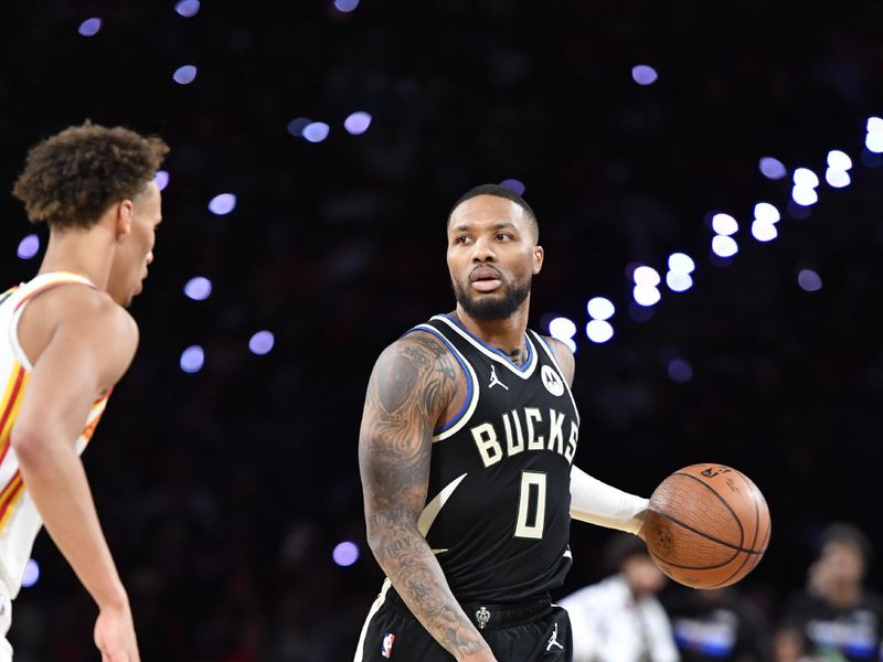 LAS VEGAS, NV - DECEMBER 14: Damian Lillard #0 of the Milwaukee Bucks dribbles the ball during the game against the Atlanta Hawks during the Emirates NBA Cup Eastern Semifinals on December 14, 2024 at the T-Mobile Arena in Las Vegas, Nevada. NOTE TO USER: User expressly acknowledges and agrees that, by downloading and or using this photograph, User is consenting to the terms and conditions of the Getty Images License Agreement. Mandatory Copyright Notice: Copyright 2024 NBAE (Photo by Logan Riely/NBAE via Getty Images)