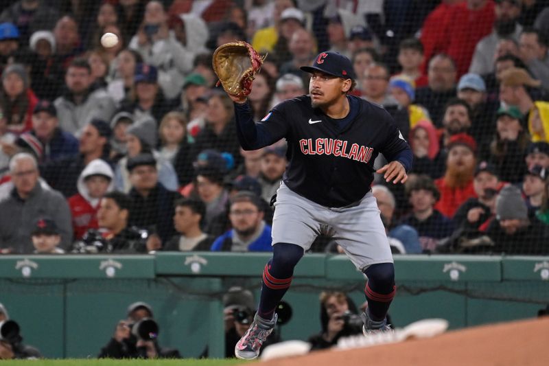 Apr 17, 2024; Boston, Massachusetts, USA; Cleveland Guardians first baseman Josh Naylor (22) makes a catch for an out against the Boston Red Sox during the sixth inning at Fenway Park. Mandatory Credit: Eric Canha-USA TODAY Sports