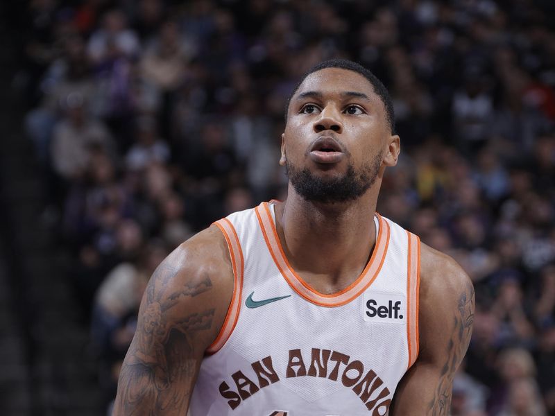 SACRAMENTO, CA - FEBRUARY 22: Blake Wesley #14 of the San Antonio Spurs prepares to shoot a free throw during the game against the Sacramento Kings on February 22, 2024 at Golden 1 Center in Sacramento, California. NOTE TO USER: User expressly acknowledges and agrees that, by downloading and or using this Photograph, user is consenting to the terms and conditions of the Getty Images License Agreement. Mandatory Copyright Notice: Copyright 2023 NBAE (Photo by Rocky Widner/NBAE via Getty Images)