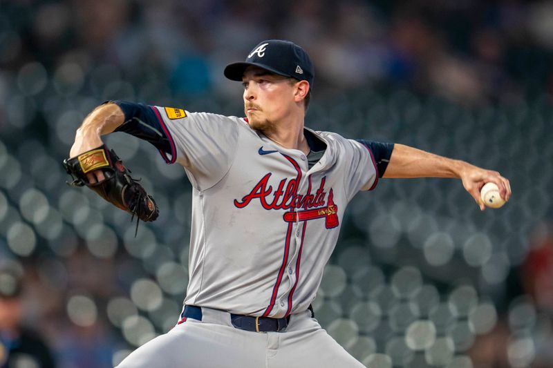 Aug 26, 2024; Minneapolis, Minnesota, USA; Atlanta Braves starting pitcher Max Fried (54) delivers a pitch against the Minnesota Twins in the first inning at Target Field. Mandatory Credit: Jesse Johnson-USA TODAY Sports