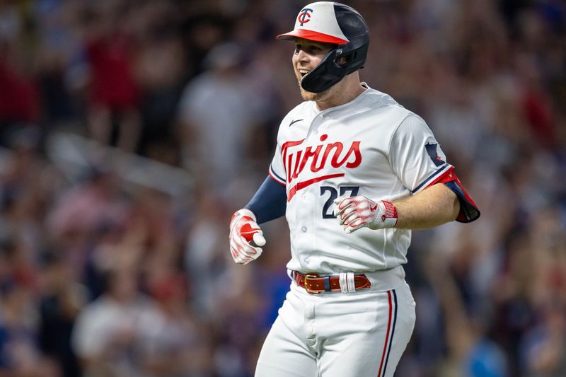 Aug 24, 2023; Minneapolis, Minnesota, USA; Minnesota Twins catcher Ryan Jeffers (27) celebrates hitting a two run home run against the Texas Rangers in the eighth inning at Target Field. Mandatory Credit: Jesse Johnson-USA TODAY Sports