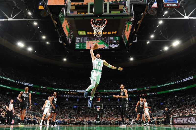 BOSTON, MA - FEBRUARY 12: Jayson Tatum #0 of the Boston Celtics drives to the basket during the game against the San Antonio Spurs on February 12, 2025 at TD Garden in Boston, Massachusetts. NOTE TO USER: User expressly acknowledges and agrees that, by downloading and/or using this Photograph, user is consenting to the terms and conditions of the Getty Images License Agreement. Mandatory Copyright Notice: Copyright 2025 NBAE (Photo by Brian Babineau/NBAE via Getty Images)