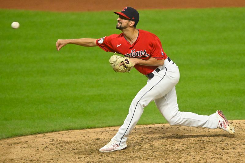 Aug 19, 2023; Cleveland, Ohio, USA; Cleveland Guardians relief pitcher Nick Sandlin (52) delivers a pitch in the seventh inning against the Detroit Tigers at Progressive Field. Mandatory Credit: David Richard-USA TODAY Sports