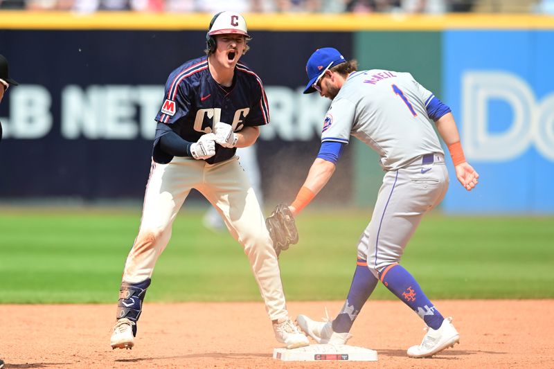 May 22, 2024; Cleveland, Ohio, USA; Cleveland Guardians first baseman Kyle Manzardo (9) celebrates after hitting an RBI double during the eighth inning against the New York Mets at Progressive Field. Mandatory Credit: Ken Blaze-USA TODAY Sports
