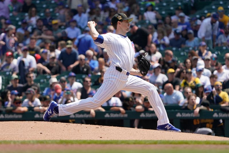 May 17, 2024; Chicago, Illinois, USA; Chicago Cubs pitcher Kyle Hendricks (28) throws the ball against the Pittsburgh Pirates during the first inning at Wrigley Field. Mandatory Credit: David Banks-USA TODAY Sports