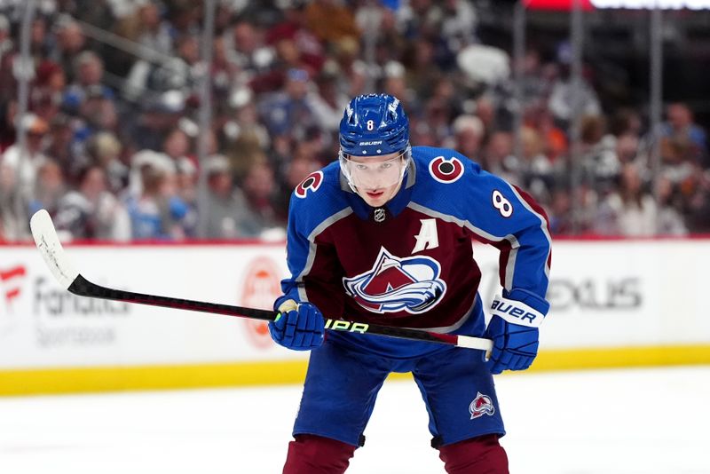 Apr 28, 2024; Denver, Colorado, USA; Colorado Avalanche defenseman Cale Makar (8) during the second period against the Winnipeg Jets in game four of the first round of the 2024 Stanley Cup Playoffs at Ball Arena. Mandatory Credit: Ron Chenoy-USA TODAY Sports