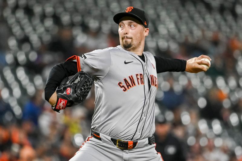 Sep 17, 2024; Baltimore, Maryland, USA;  San Francisco Giants pitcher Blake Snell (7) throws a second inning pitch against the Baltimore Orioles at Oriole Park at Camden Yards. Mandatory Credit: Tommy Gilligan-Imagn Images