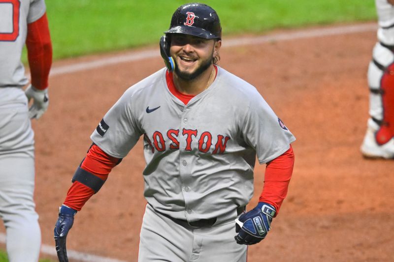 Apr 23, 2024; Cleveland, Ohio, USA; Boston Red Sox left fielder Wilyer Abreu (52) celebrates his solo home run in the seventh inning against the Cleveland Guardians at Progressive Field. Mandatory Credit: David Richard-USA TODAY Sports