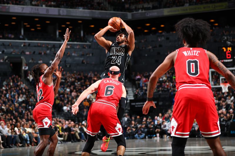 BROOKLYN, NY - MARCH 29: Cam Thomas #24 of the Brooklyn Nets shoots the ball during the game against the Chicago Bulls on March 29, 2024 at Barclays Center in Brooklyn, New York. NOTE TO USER: User expressly acknowledges and agrees that, by downloading and or using this Photograph, user is consenting to the terms and conditions of the Getty Images License Agreement. Mandatory Copyright Notice: Copyright 2024 NBAE (Photo by David L. Nemec/NBAE via Getty Images)