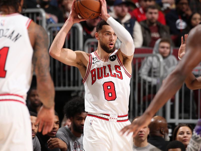 CHICAGO, IL - MARCH 15: Zach LaVine #8 of the Chicago Bulls handles the ball during the game against the Sacramento Kings on March 15, 2023 at United Center in Chicago, Illinois. NOTE TO USER: User expressly acknowledges and agrees that, by downloading and or using this photograph, User is consenting to the terms and conditions of the Getty Images License Agreement. Mandatory Copyright Notice: Copyright 2023 NBAE (Photo by Gary Dineen/NBAE via Getty Images)