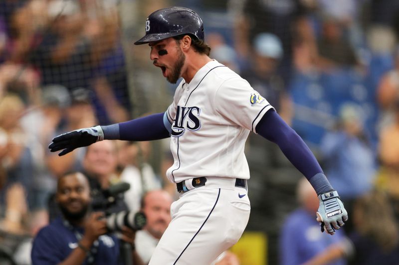 Aug 24, 2023; St. Petersburg, Florida, USA;  Tampa Bay Rays right fielder Josh Lowe (15) reacts after hitting a three run home run against the Colorado Rockies in the eighth inning at Tropicana Field. Mandatory Credit: Nathan Ray Seebeck-USA TODAY Sports