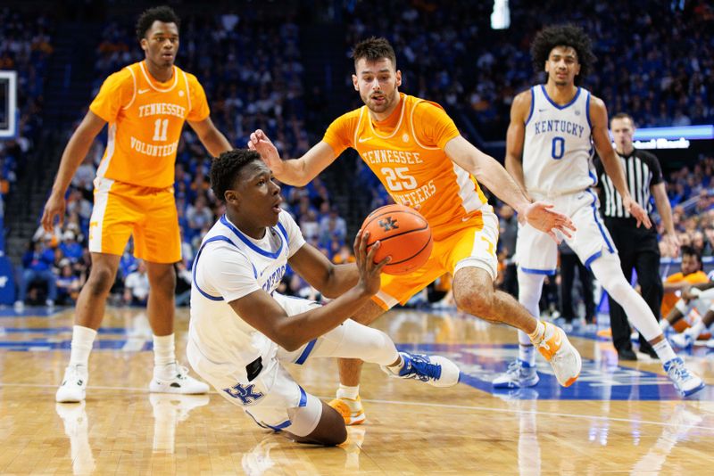 Feb 18, 2023; Lexington, Kentucky, USA; Kentucky Wildcats guard Adou Thiero (3) goes to the floor with the ball during the second half against the Tennessee Volunteers at Rupp Arena at Central Bank Center. Mandatory Credit: Jordan Prather-USA TODAY Sports