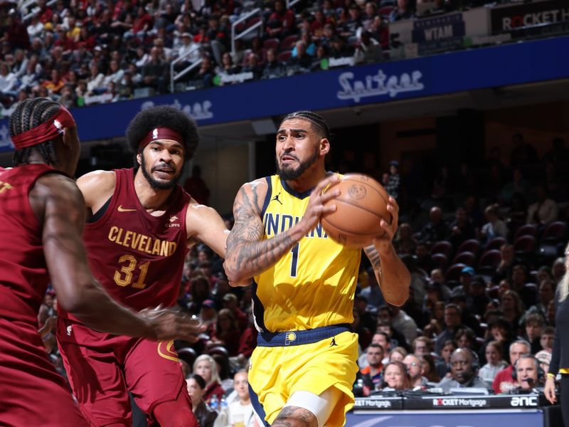 CLEVELAND, OH - APRIL 12: Obi Toppin #1 of the Indiana Pacers drives to the basket during the game against the Cleveland Cavaliers on April 12, 2024 at Rocket Mortgage FieldHouse in Cleveland, Ohio. NOTE TO USER: User expressly acknowledges and agrees that, by downloading and/or using this Photograph, user is consenting to the terms and conditions of the Getty Images License Agreement. Mandatory Copyright Notice: Copyright 2024 NBAE (Photo by Jeff Haynes/NBAE via Getty Images)