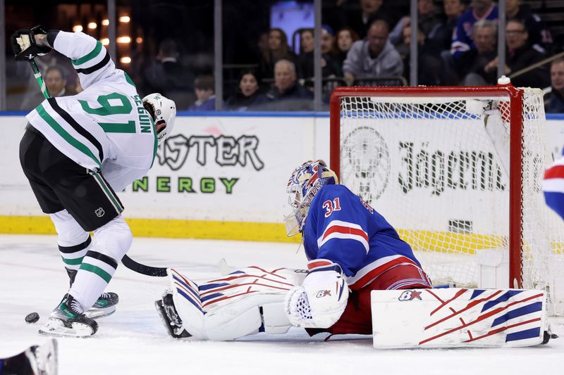 Feb 20, 2024; New York, New York, USA; New York Rangers goaltender Igor Shesterkin (31) makes a save against Dallas Stars center Tyler Seguin (91) during the third period at Madison Square Garden. Mandatory Credit: Brad Penner-USA TODAY Sports