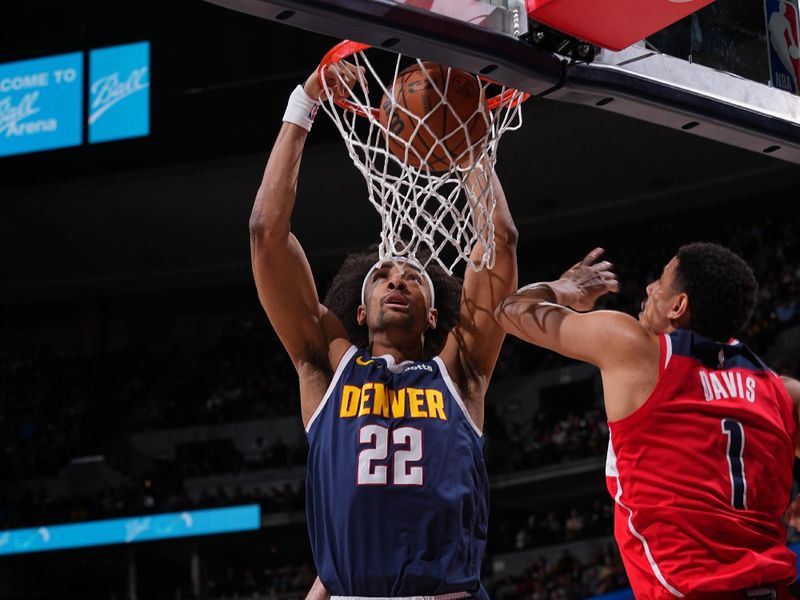 DENVER, CO - FEBRUARY 22: Zeke Nnaji #22 of the Denver Nuggets dunks the ball during the game against the Washington Wizards on February 22, 2024 at the Ball Arena in Denver, Colorado. NOTE TO USER: User expressly acknowledges and agrees that, by downloading and/or using this Photograph, user is consenting to the terms and conditions of the Getty Images License Agreement. Mandatory Copyright Notice: Copyright 2024 NBAE (Photo by Bart Young/NBAE via Getty Images)