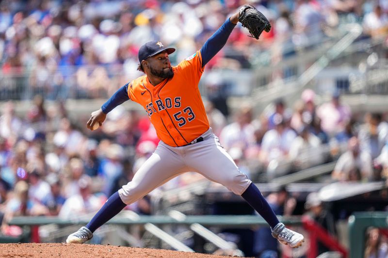 Apr 23, 2023; Cumberland, Georgia, USA; Houston Astros starting pitcher Cristian Javier (53) pitches against the Atlanta Braves during the second inning at Truist Park. Mandatory Credit: Dale Zanine-USA TODAY Sports