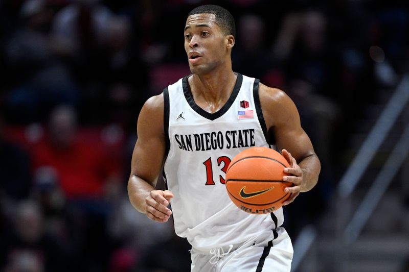 Nov 27, 2023; San Diego, California, USA; San Diego State Aztecs forward Jaedon LeDee (13) dribbles the ball during the first half against the Point Loma Nazarene Sea Lions at Viejas Arena. Mandatory Credit: Orlando Ramirez-USA TODAY Sports