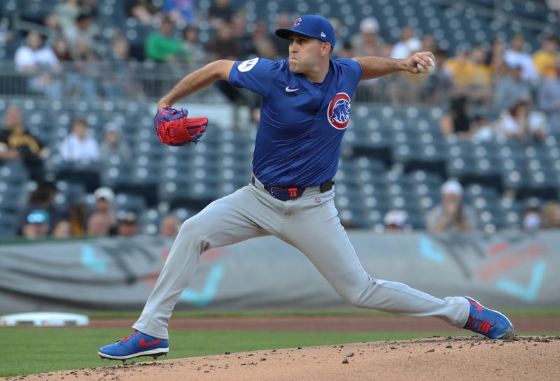 Apr 30, 2025; Pittsburgh, Pennsylvania, USA;  Chicago Cubs starting pitcher Matthew Boyd (16) delivers a pitch against the Pittsburgh Pirates during the first inning at PNC Park. Mandatory Credit: Charles LeClaire-Imagn Images