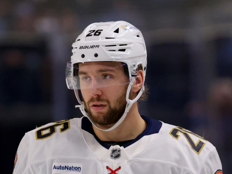 Oct 28, 2024; Buffalo, New York, USA;  Florida Panthers defenseman Uvis Balinskis (26) during the third period against the Buffalo Sabres at KeyBank Center. Mandatory Credit: Timothy T. Ludwig-Imagn Images