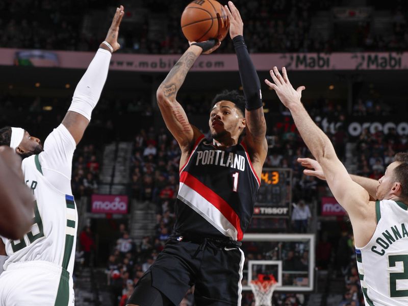 PORTLAND, OR - JANUARY 31:  Anfernee Simons #1 of the Portland Trail Blazers shoots the ball during the game on January 31, 2024 at the Moda Center Arena in Portland, Oregon. NOTE TO USER: User expressly acknowledges and agrees that, by downloading and or using this photograph, user is consenting to the terms and conditions of the Getty Images License Agreement. Mandatory Copyright Notice: Copyright 2024 NBAE (Photo by Cameron Browne/NBAE via Getty Images)