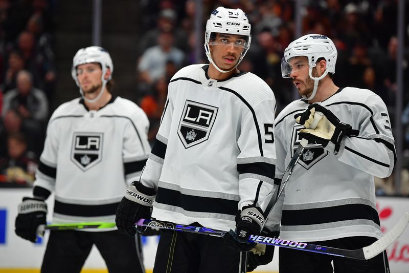 Nov 24, 2023; Anaheim, California, USA; Los Angeles Kings center Quinton Byfield (55) speaks with defenseman Matt Roy (3) during the second period at Honda Center. Mandatory Credit: Gary A. Vasquez-USA TODAY Sports