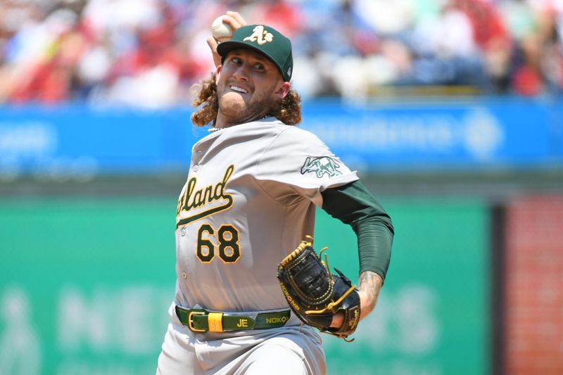 Jul 14, 2024; Philadelphia, Pennsylvania, USA; Oakland Athletics pitcher Joey Estes (68) throws a pitch during the first inning against the Philadelphia Phillies at Citizens Bank Park. Mandatory Credit: Eric Hartline-USA TODAY Sports
