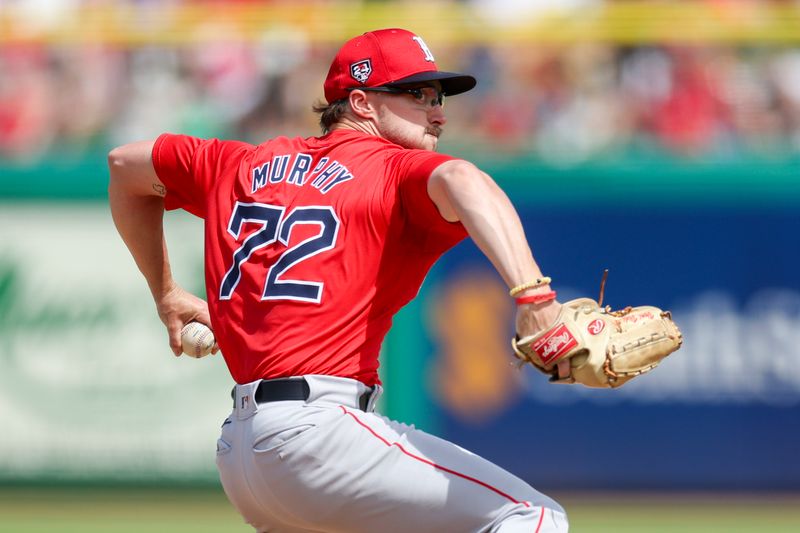 Mar 14, 2024; Clearwater, Florida, USA;  Boston Red Sox relief pitcher Chris Murphy (72) throws a pitch against the Philadelphia Phillies in the fifth inning at BayCare Ballpark. Mandatory Credit: Nathan Ray Seebeck-USA TODAY Sports