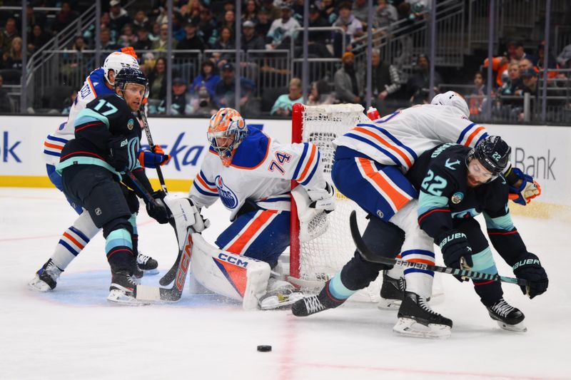 Mar 2, 2024; Seattle, Washington, USA; Edmonton Oilers goaltender Stuart Skinner (74) defends the goal against the Seattle Kraken during the second period at Climate Pledge Arena. Mandatory Credit: Steven Bisig-USA TODAY Sports