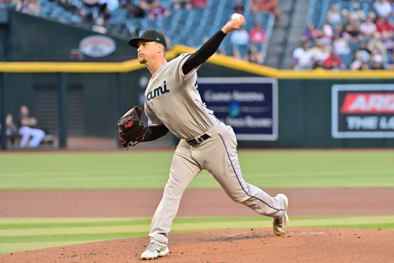 May 8, 2023; Phoenix, Arizona, USA;  Miami Marlins starting pitcher Braxton Garrett (29) throws in he first inning against the Arizona Diamondbacks at Chase Field. Mandatory Credit: Matt Kartozian-USA TODAY Sports