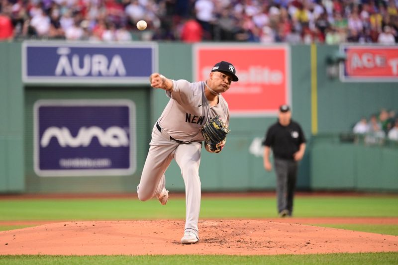 Jun 14, 2024; Boston, Massachusetts, USA; New York Yankees starting pitcher Luis Gil (81) pitches against the Boston Red Sox during the first inning at Fenway Park. Mandatory Credit: Eric Canha-USA TODAY Sports