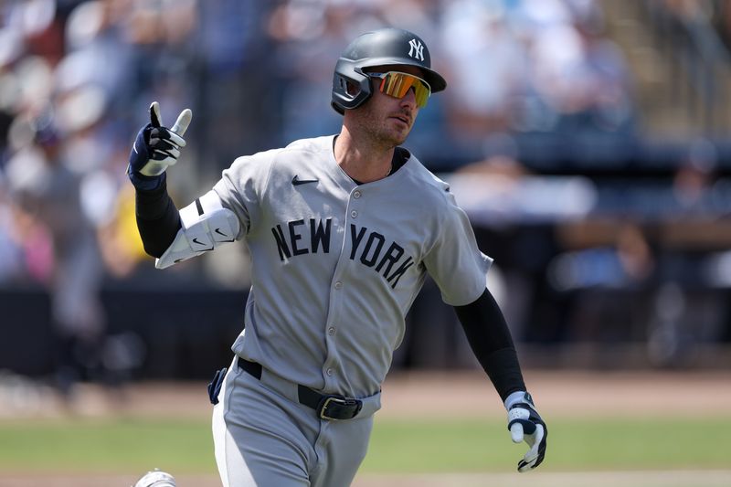 Apr 20, 2025; Tampa, Florida, USA; New York Yankees right fielder Cody Bellinger (35) runs the bases after hitting home run against the Tampa Bay Rays in the sixth inning  at George M. Steinbrenner Field. Mandatory Credit: Nathan Ray Seebeck-Imagn Images