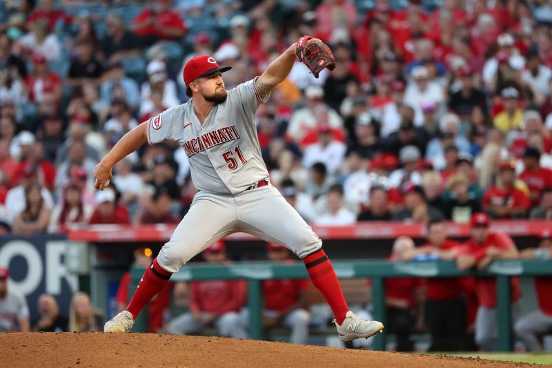 Aug 22, 2023; Anaheim, California, USA; Cincinnati Reds starting pitcher Graham Ashcraft (51) pitches during the second inning against the Los Angeles Angels at Angel Stadium. Mandatory Credit: Kiyoshi Mio-USA TODAY Sports