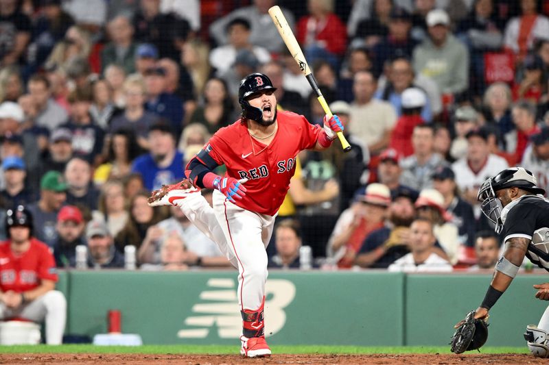 Sep 6, 2024; Boston, Massachusetts, USA; Boston Red Sox Wilyer Abreu (52) reacts after being hit by a pitch during the fourth inning of a game against the Chicago White Sox at Fenway Park. Mandatory Credit: Brian Fluharty-Imagn Images