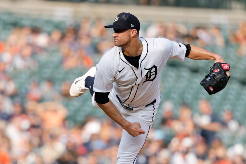 Jul 8, 2025; Detroit, Michigan, USA;  Detroit Tigers pitcher Jack Flaherty (9) pitches in the first inning against the Tampa Bay Rays at Comerica Park. Mandatory Credit: Rick Osentoski-Imagn Images