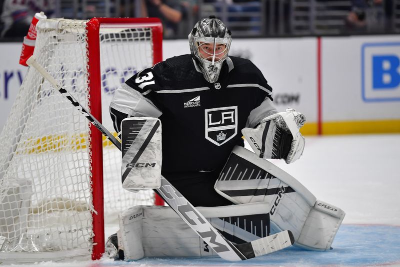 Jan 20, 2024; Los Angeles, California, USA; Los Angeles Kings goaltender David Rittich (31) defends the goal against the New York Rangers durng the third period at Crypto.com Arena. Mandatory Credit: Gary A. Vasquez-USA TODAY Sports