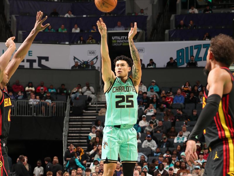 CHARLOTTE, NC - NOVEMBER 30: KJ Simpson #25 of the Charlotte Hornets shoots the ball during the game against the Atlanta Hawks on November 30, 2024 at Spectrum Center in Charlotte, North Carolina. NOTE TO USER: User expressly acknowledges and agrees that, by downloading and or using this photograph, User is consenting to the terms and conditions of the Getty Images License Agreement. Mandatory Copyright Notice: Copyright 2024 NBAE (Photo by Kent Smith/NBAE via Getty Images)